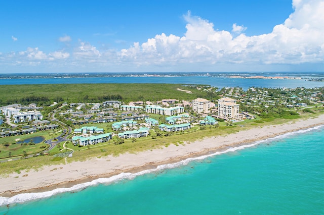 aerial view featuring a beach view and a water view