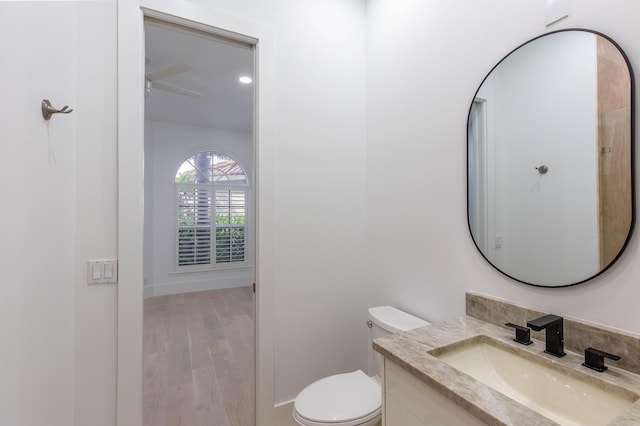 bathroom with wood-type flooring, vanity, and toilet