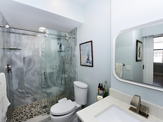 bathroom with vanity, a shower with shower door, and toilet