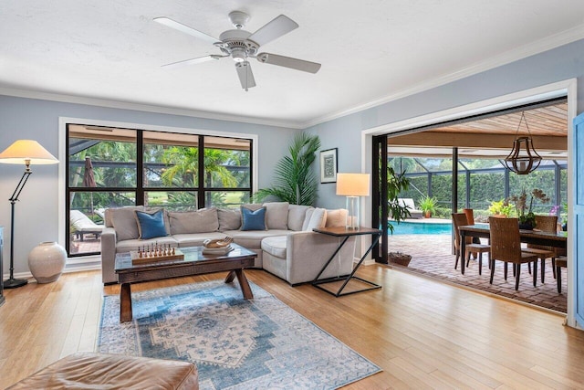 living room featuring light hardwood / wood-style flooring, ceiling fan, and ornamental molding