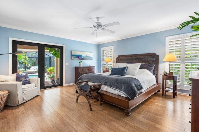 bedroom with ceiling fan, light hardwood / wood-style flooring, ornamental molding, and access to outside