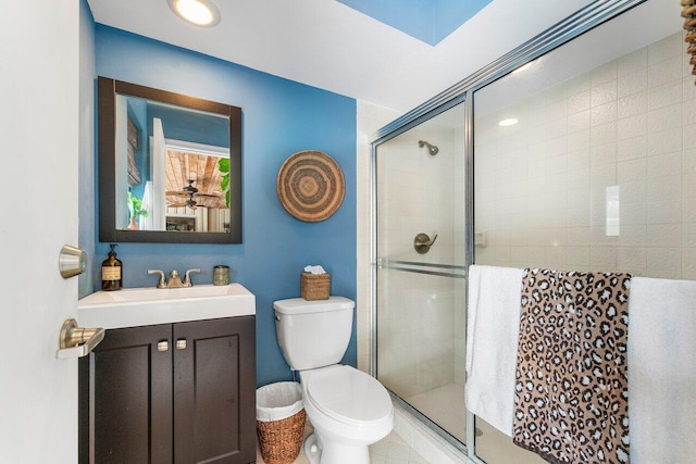 bathroom with tile patterned floors, walk in shower, vanity, and toilet