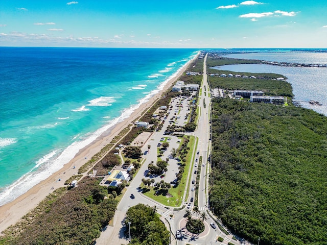 drone / aerial view with a water view and a view of the beach