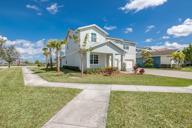 view of front of property featuring a garage and a front lawn