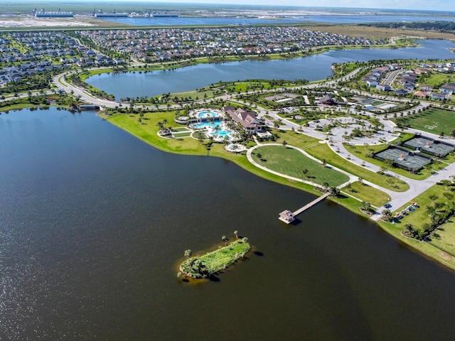 aerial view featuring a water view