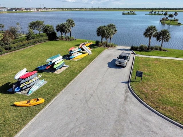 drone / aerial view with a water view