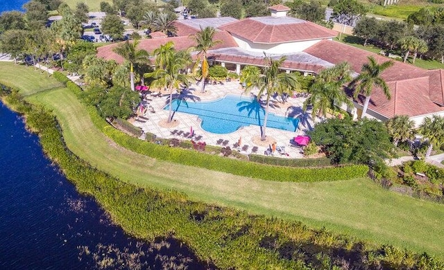 drone / aerial view featuring a water view