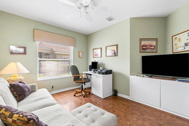 office with ceiling fan, a textured ceiling, and hardwood / wood-style floors