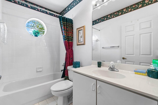 full bathroom featuring vanity, toilet, shower / bathtub combination with curtain, and tile patterned floors