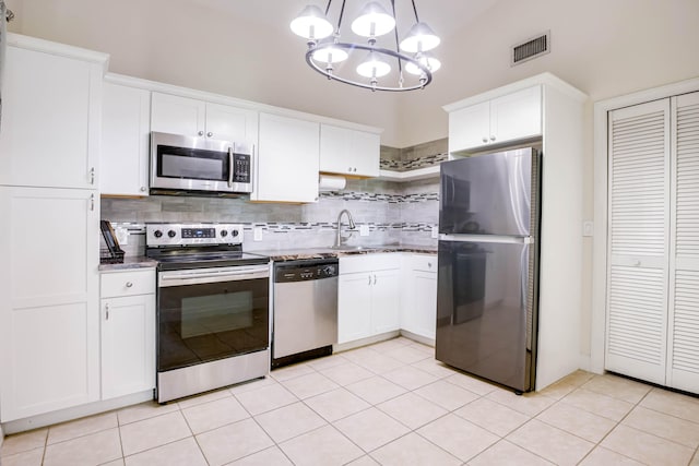 kitchen featuring appliances with stainless steel finishes, white cabinets, tasteful backsplash, and hanging light fixtures