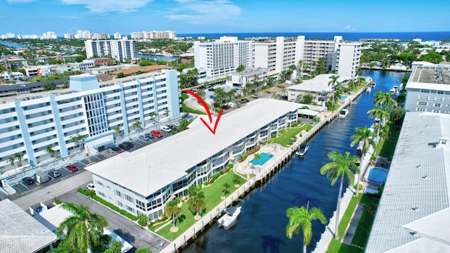 aerial view featuring a water view