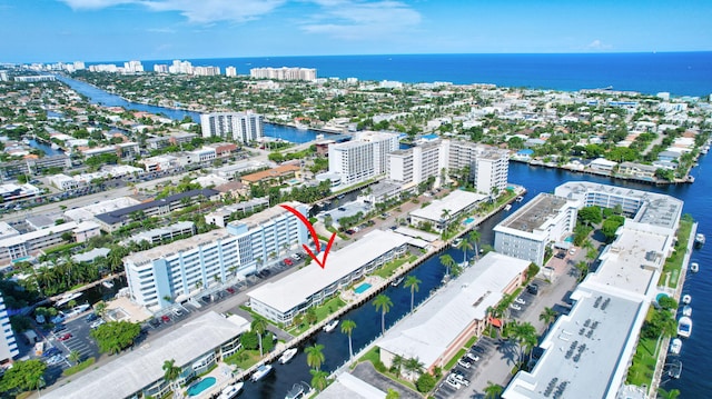 aerial view featuring a water view