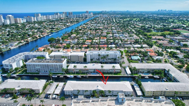 drone / aerial view featuring a water view