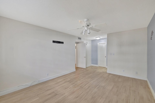 empty room with light hardwood / wood-style flooring and ceiling fan