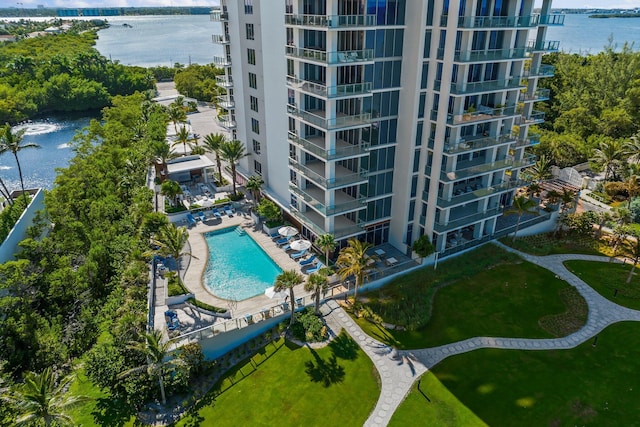 birds eye view of property featuring a water view