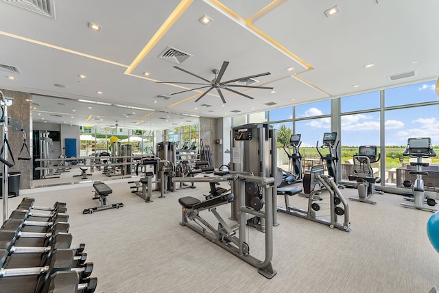 exercise room with light carpet and floor to ceiling windows