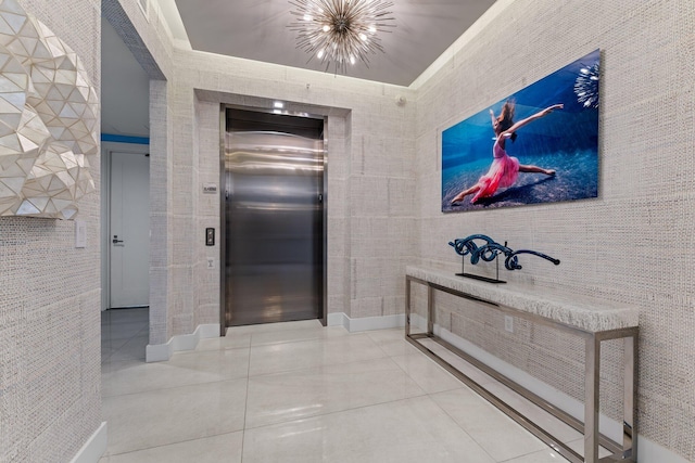 bathroom featuring tile walls, tile patterned floors, and elevator