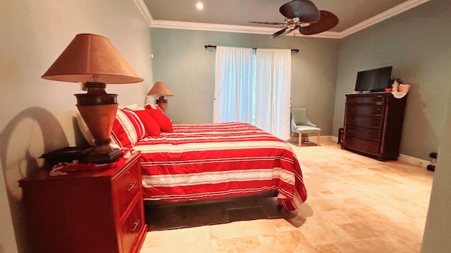 bedroom with ceiling fan and ornamental molding