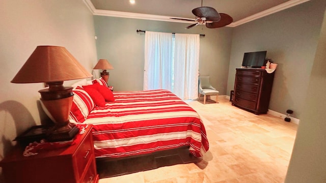 bedroom with ceiling fan and ornamental molding