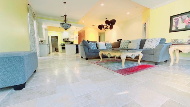 living room with ornamental molding