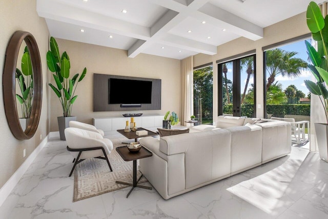 living room featuring french doors and beamed ceiling