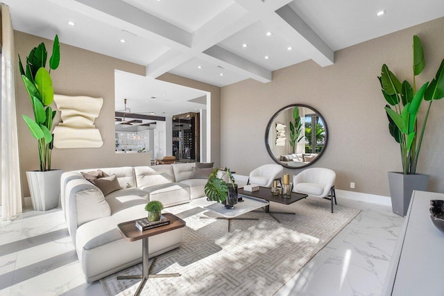 living room featuring beamed ceiling