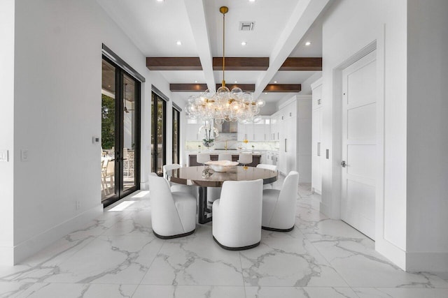 dining room featuring beamed ceiling, an inviting chandelier, and french doors