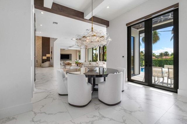 dining room with french doors, a notable chandelier, and beamed ceiling