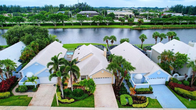 drone / aerial view featuring a water view