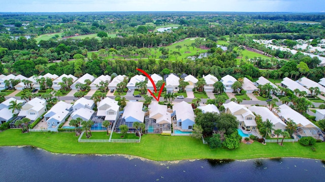 birds eye view of property featuring a water view