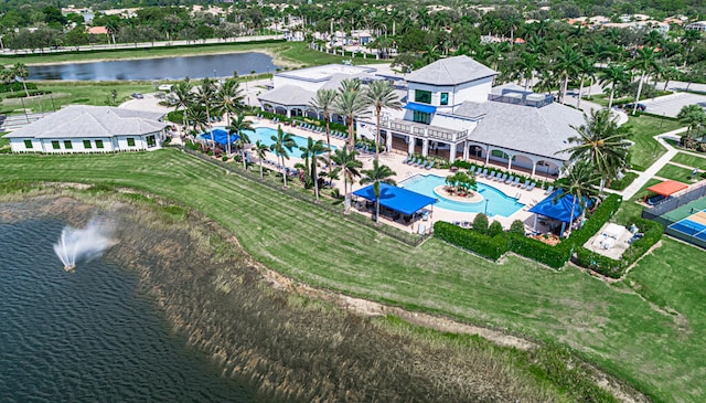 aerial view featuring a water view