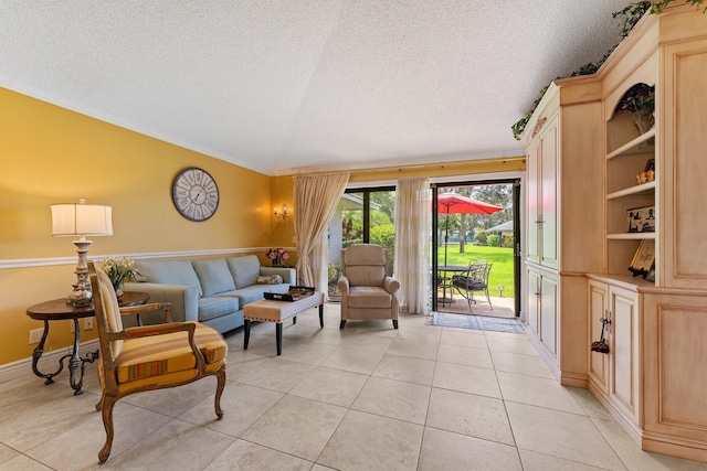 119 Club Dr, Palm Beach Gardens, FL 33418 - living room featuring lofted ceiling, a textured ceiling, light tile patterned flooring, and crown molding