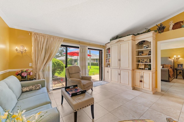 119 Club Dr, Palm Beach Gardens, FL 33418 - living area with light tile patterned flooring, a textured ceiling, lofted ceiling, and ornamental molding