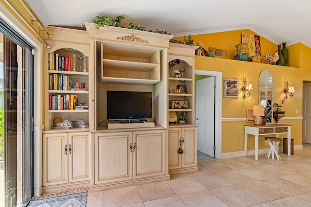 119 Club Dr, Palm Beach Gardens, FL 33418 - living room with lofted ceiling, light tile patterned floors, baseboards, and ornamental molding