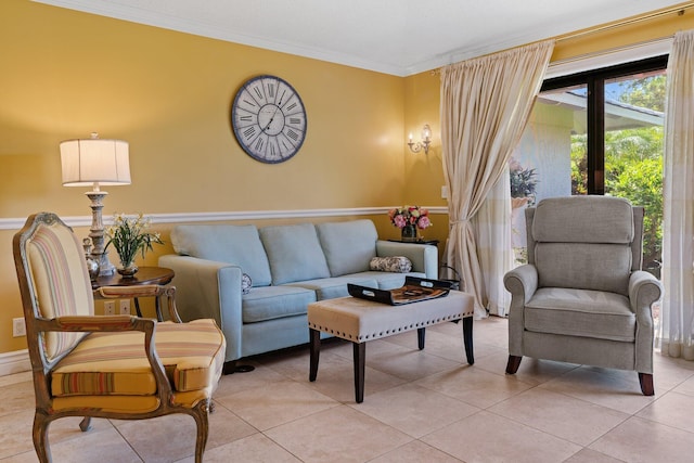 tiled living room featuring crown molding