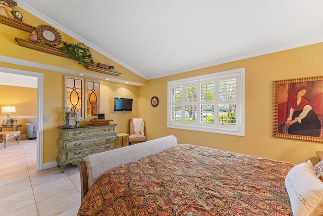 119 Club Dr, Palm Beach Gardens, FL 33418 - bedroom featuring tile patterned floors, a textured ceiling, crown molding, baseboards, and vaulted ceiling