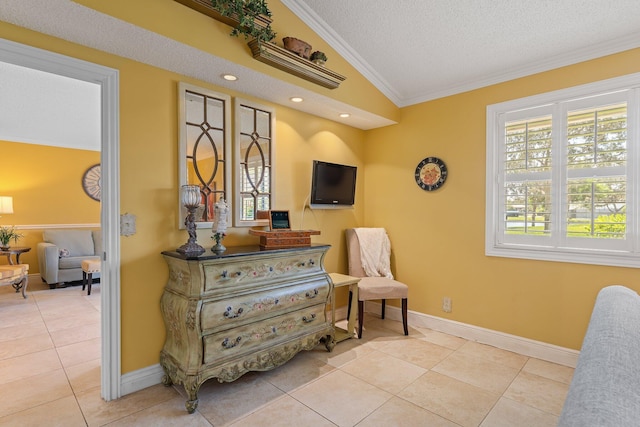 119 Club Dr, Palm Beach Gardens, FL 33418 - sitting room featuring baseboards, lofted ceiling, ornamental molding, light tile patterned floors, and a textured ceiling