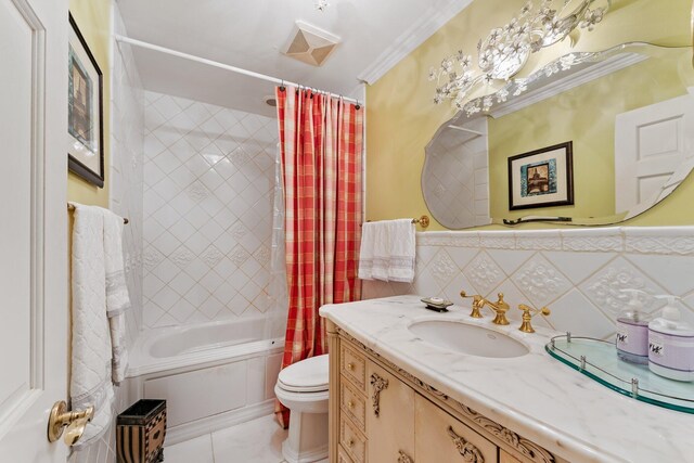 full bathroom with tile walls, shower / bathtub combination with curtain, vanity, crown molding, and toilet