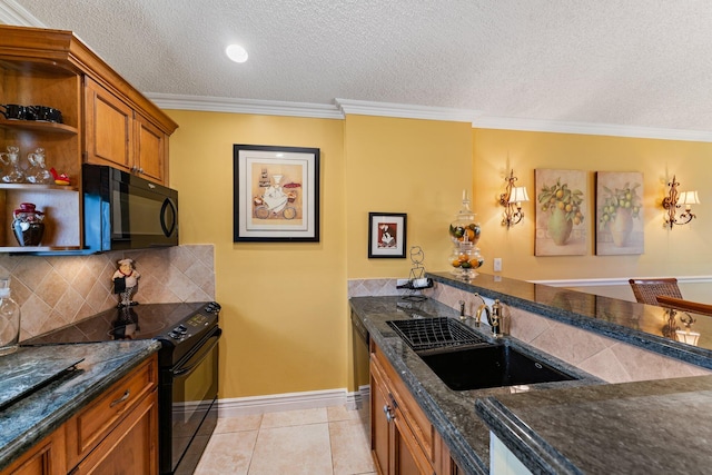 119 Club Dr, Palm Beach Gardens, FL 33418 - kitchen featuring light tile patterned floors, a sink, black appliances, brown cabinets, and backsplash