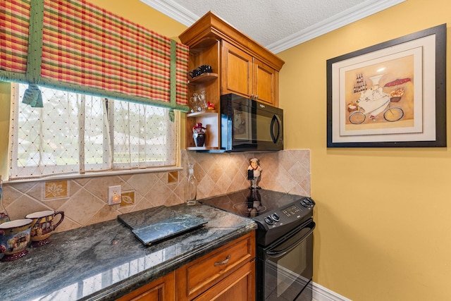 kitchen featuring tasteful backsplash, a textured ceiling, black appliances, dark stone countertops, and crown molding