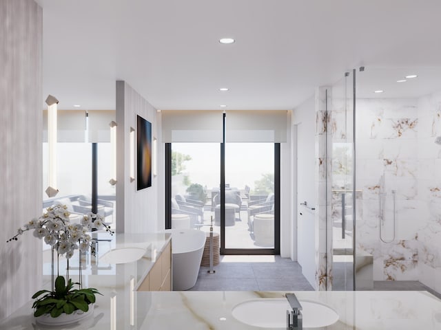 bathroom with tile patterned floors, a shower, and vanity