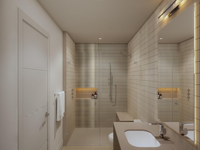 bathroom featuring walk in shower, vanity, and toilet