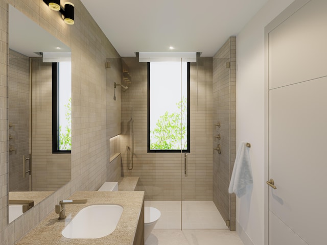 bathroom with a shower with door, vanity, and toilet