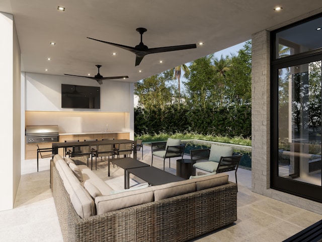 view of patio / terrace featuring exterior kitchen, grilling area, ceiling fan, and an outdoor living space