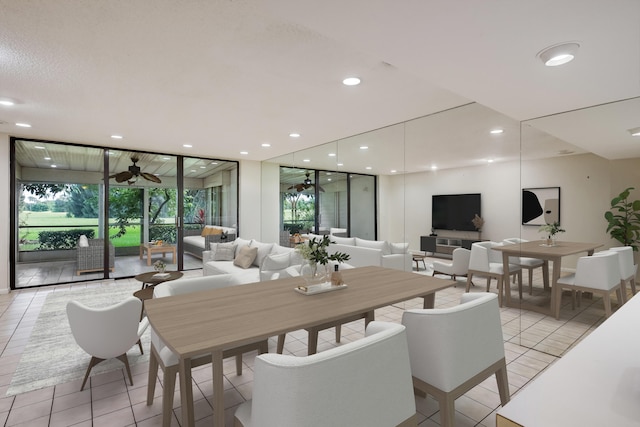 tiled dining space with floor to ceiling windows