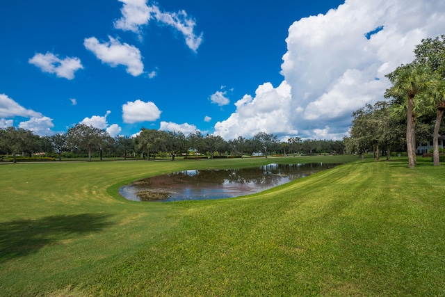 view of home's community with a lawn and a water view