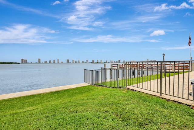 exterior space with a water view