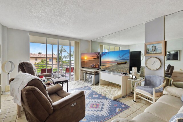 tiled living room with a textured ceiling