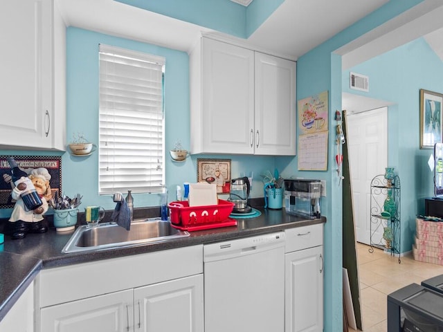 kitchen with light tile patterned floors, white cabinetry, sink, and white dishwasher