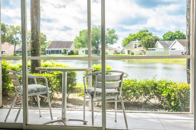 interior space featuring a water view